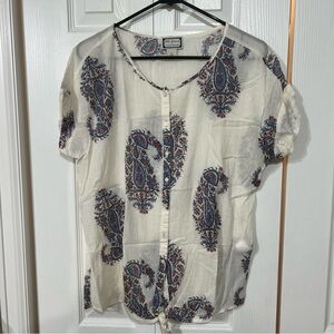 Lucky Brand Paisley Print Button tie cuff sleeve Blouse boho lightweight gauze L